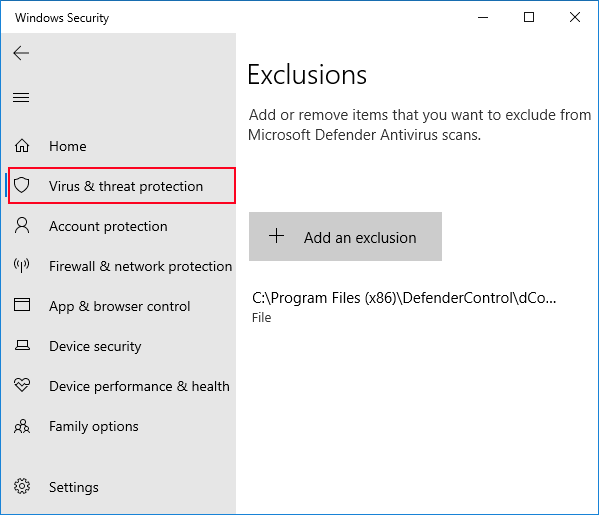Steps to add Defender Control to Microsoft Defender exclusion list