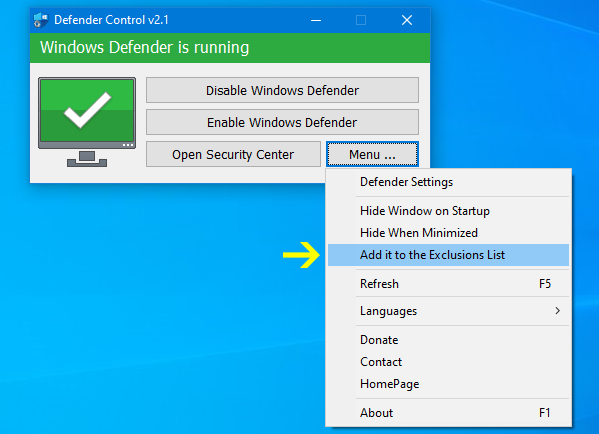 Defender Control interface menu showing quick toggle actions