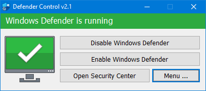 Windows Defender status panel indicating Microsoft Defender Antivirus is running